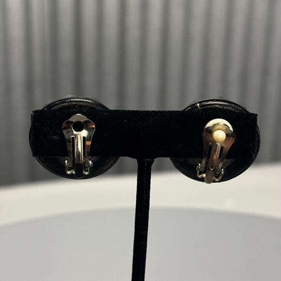 Vintage Black Fabric Clip On Earrings Women Round Beaded Statement Retro - Picture 2 of 9